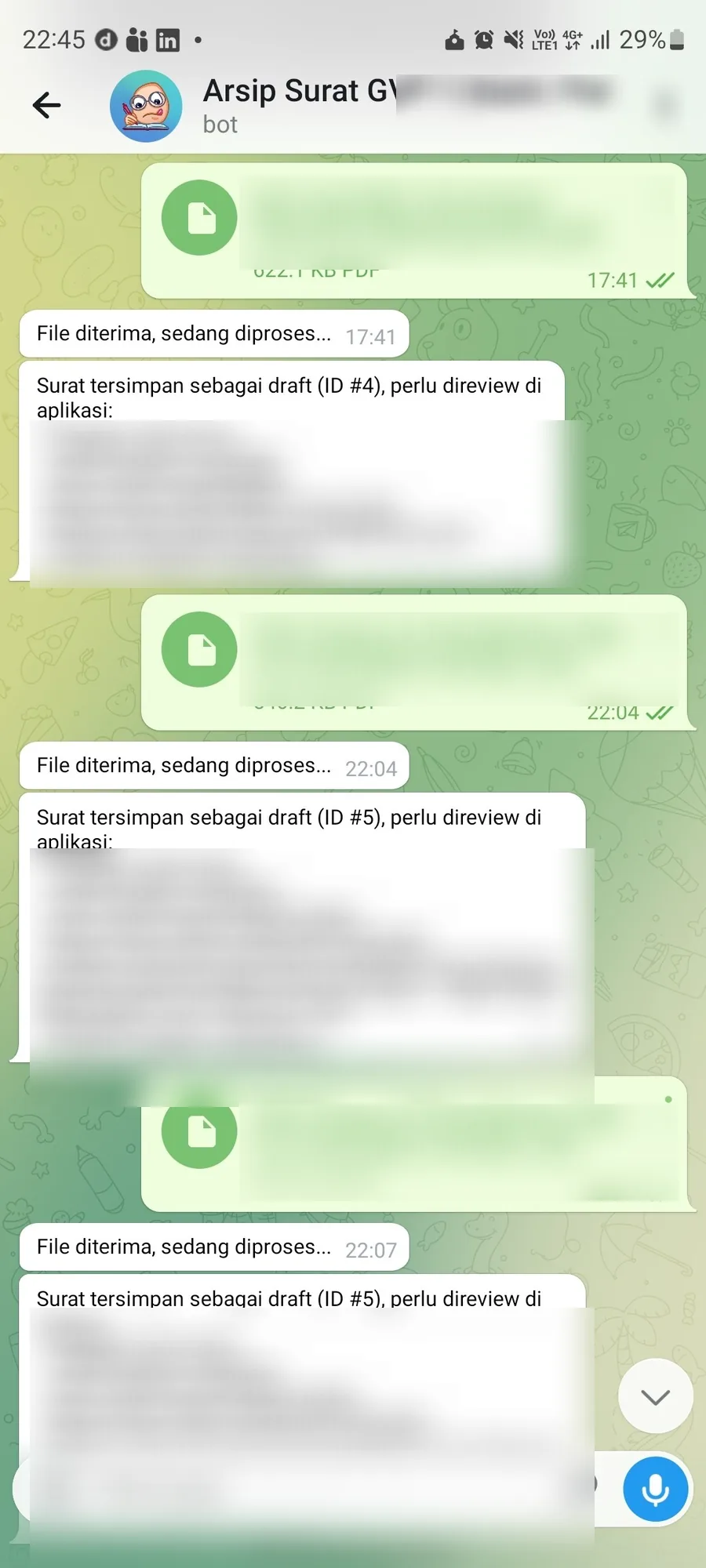 Telegram bot intake: staff sends a letter photo and the bot replies with extracted fields (record details redacted)