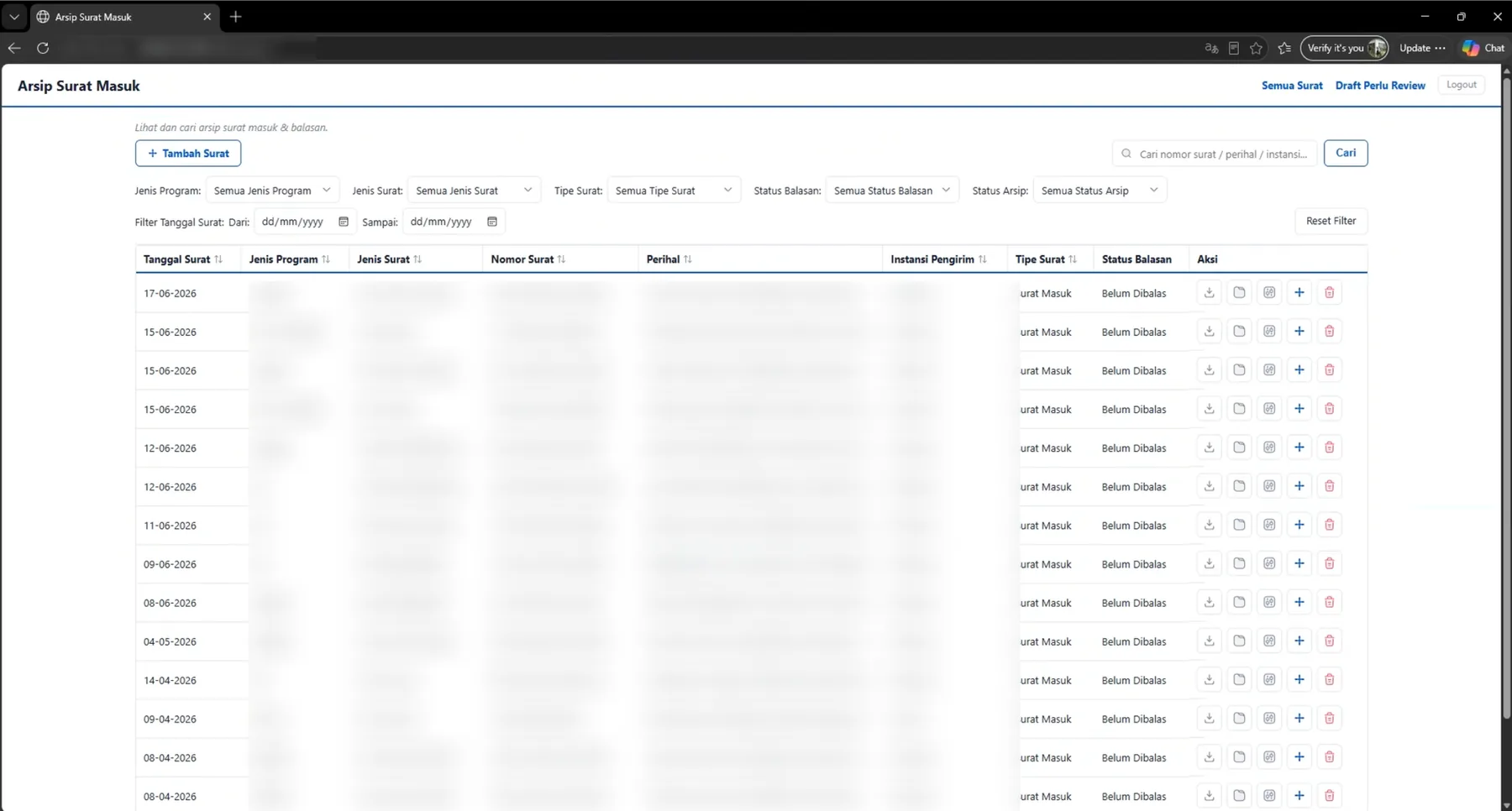 Arsip Surat web archive, accessible to staff over the office network