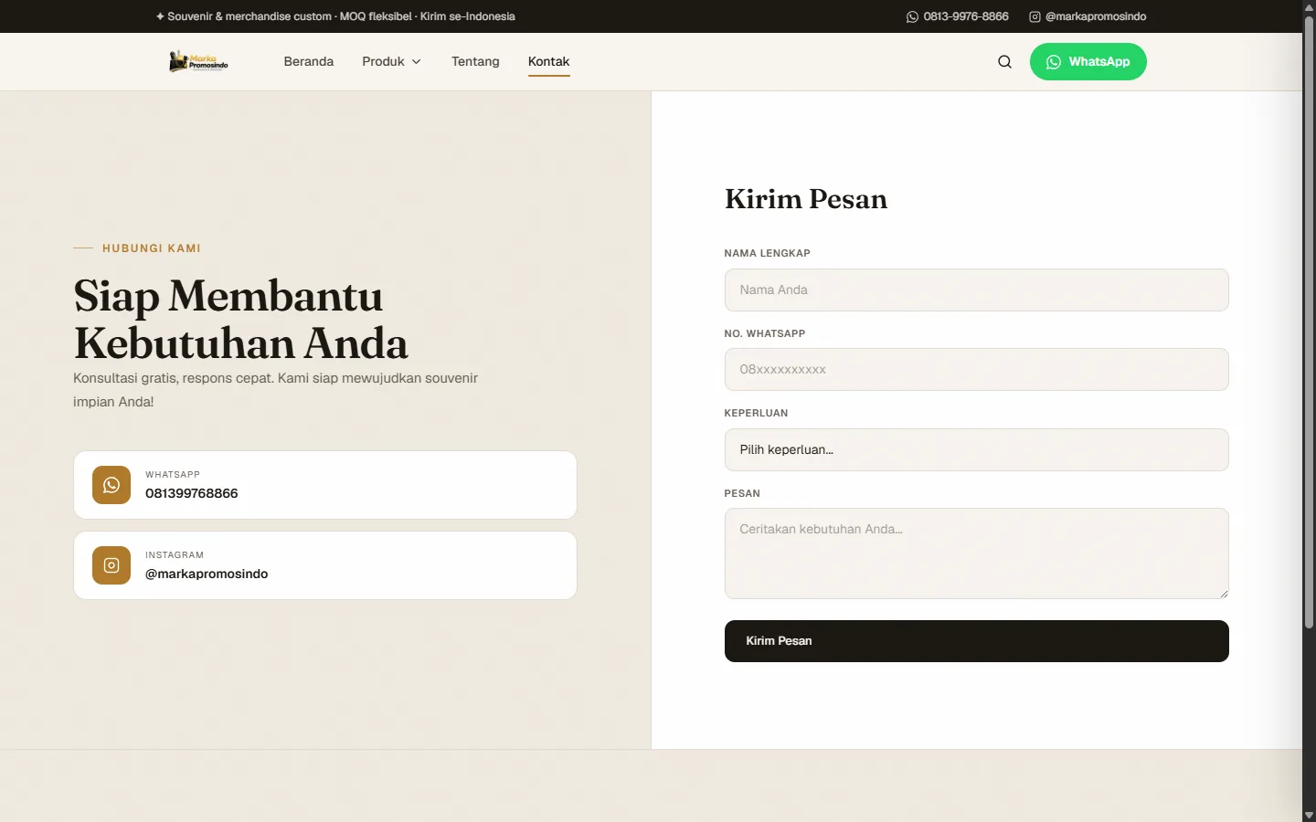 Marka Promosindo contact page with WhatsApp and Instagram links next to an inquiry form