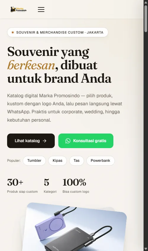 Marka Promosindo on a phone, with a stacked hero, drawer navigation, and full-width buttons